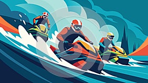 Adrenaline pumping as racers push their jet skis to their limits creating waves in their wake.. Vector illustration.
