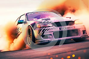 Adrenaline Rush: Capturing the Excitement of Car Drifting with Burning Tires on a Speed Track. created with Generative AI