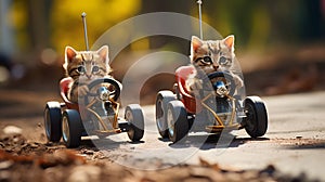Adrenaline Rush: Cute Kittens Racing Remote-Controlled Formula 1 Karts in the Wild AI Generated