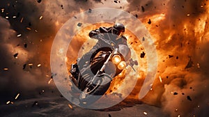 Adrenaline Rush: Motorcycle Escape Amid Explosions. Generative ai