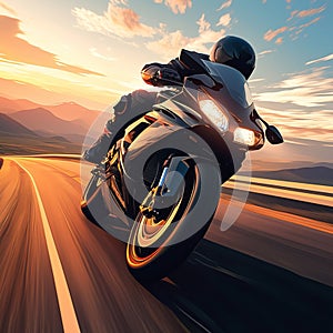 Adrenaline rush motorcycle rider in a high speed race on the highway