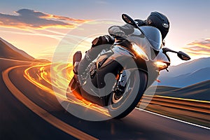 Adrenaline rush motorcycle rider in a high speed race on the highway