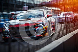 Adrenaline rush Motorsport car racing on blurred racetrack background