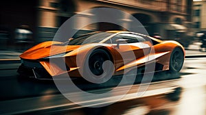 An adrenaline rush, A sports car navigates the city with a captivating motion blur
