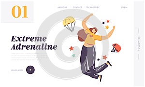 Adrenaline Sport. Parachutist Extreme Landing Page Template. Happy Female Character Jumping with Skydiver Equipment