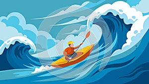 Adrenaline surges as the kayaker conquers each tumultuous wave of the rapid descent.. Vector illustration.