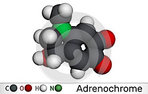 Adrenochrome, adraxone molecule. It is produced by the oxidation of adrenaline. Molecular model. 3D rendering photo