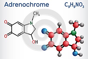 Adrenochrome, adraxone molecule. It is produced by the oxidation of adrenaline. Structural chemical formula and molecule model