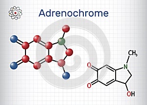 Adrenochrome, adraxone molecule. It is produced by the oxidation of adrenaline. Structural chemical formula and molecule model.