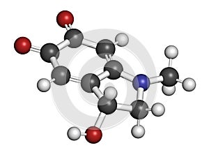 Adrenochrome molecule. Oxidation product of adrenaline. 3D rendering. Atoms are represented as spheres with conventional color. photo