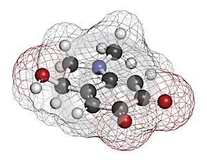 Adrenochrome molecule. Oxidation product of adrenaline. 3D rendering. Atoms are represented as spheres with conventional color. photo