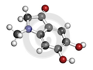 Adrenolutin molecule. Oxidation product of adrenalin. 3D rendering. Atoms are represented as spheres with conventional color.