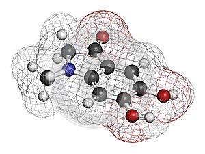 Adrenolutin molecule. Oxidation product of adrenalin. 3D rendering. Atoms are represented as spheres with conventional color.