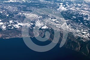 Adriatic Sea and coast with snow-covered mountains, aerial photograph. Novi-Vinodolski, Povile, Klenovica, Croatia