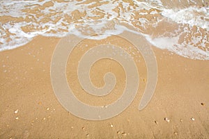 Adriatic Sea coast view. Seashore of Italy, summer sandy beach with clouds on horizon.