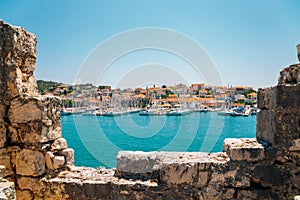 Adriatic sea and harbor view from Kamerlengo castle and fortress in Trogir, Croatia