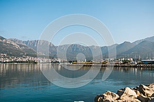 Adriatic sea shore panoramic landscape in perfect summer day. Awesome transparent water and mountain background. Bar