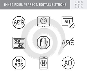 ADS block line icons. Vector illustration with minimal icon - website adblock, anti spam digital shield, banner