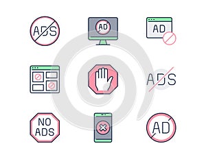 ADS block line icons. Vector illustration with minimal icon - website adblock, anti spam digital shield, banner