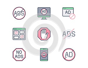 ADS block line icons. Vector illustration with minimal icon - website adblock, anti spam digital shield, banner photo