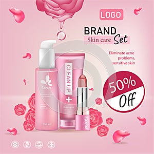 Ads fashion cosmetic collection. Skincare with rose flower petals. pastel color style organic cosmetics background. White and pink