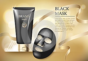 Ads template, blank skin care mockup with realistic black anti blackhead mask, plastic tubes of premium skincare product