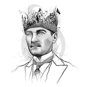 Mustafa Kemal Ataturk Drawing, President of Turkey. Collage Illustration with Important Moments.