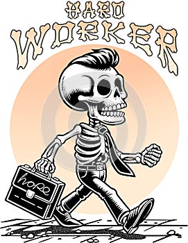 Hard Worker Walking Skeleton Illustration for T-shirt and Products Print.