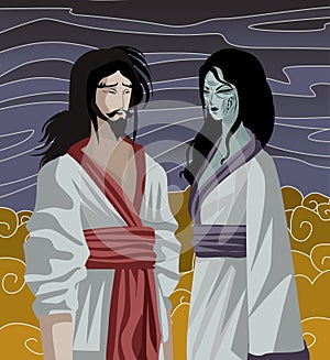 Izanami and izanagi japan mythology tale in the underworld photo