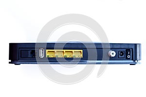 ADSL modem with four yellow LAN ports, one USB