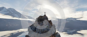 Adult adventurous woman standing on top of a snow peak. Mountain adventure artwork