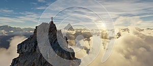 Adult adventurous woman standing on top of a snow peak. Mountain adventure artwork