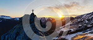 Adult adventurous woman standing on top of a snow peak. Mountain adventure artwork