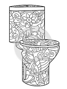 Adult antistress coloring flush toilet pattern, astrakhan. Illustration of black lines doodle, white background photo