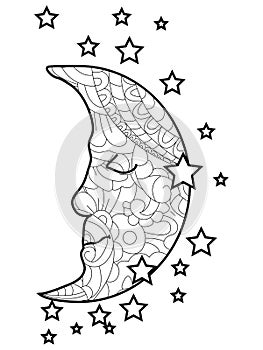 Adult antistress coloring moon and stars pattern, astrakhan. Illustration of black lines doodle, white background