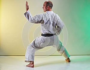 Adult athlete with black belt doing formal exercises against color background with yellow and green tint