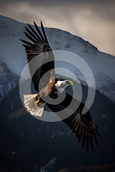 Adult Bald Eagle in flight with snow capped mountains in the background.