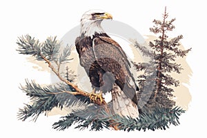 The adult bald eagle & x28;Haliaeetus leucocephalus& x29; sitting upright on a pine bough