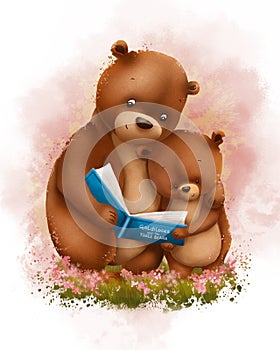 Adult bear and bear cub reading a book