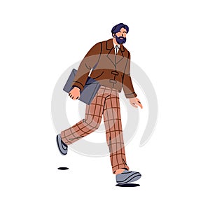 Adult bearded man hurry, goes. Oldfashioned professor of university carries documents. School teacher in checkered