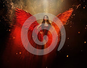 An adult beautiful fantasy girl a fallen angel with spread huge red wings. Art black background with sparks, glitters