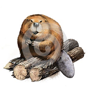 Adult Beaver sitting on logs.