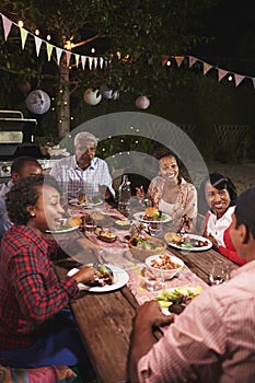 Adult black family enjoy dinner together in garden, vertical