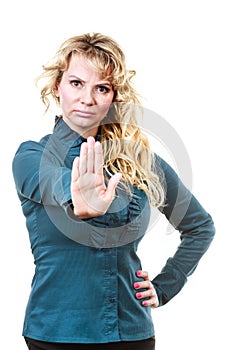 Adult blondie woman making hand gesture