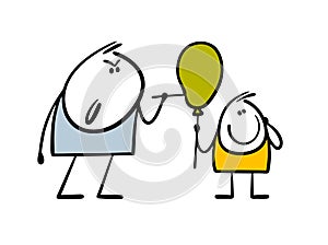 Adult bully has offended little boy, pierces a balloon with a needle. Vector illustration of ugly abuser and his victim.