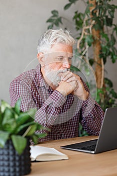 adult business man with gray hair is working at a laptop in his office. career finance and marketing, senior executive