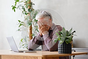 adult business man with gray hair is working at a laptop in his office. career finance and marketing, senior executive