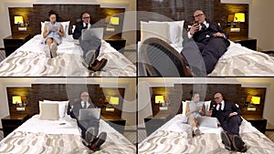 Adult businessman with wife rest and work in hotel room at evening, collaged shot