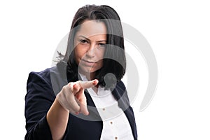 Adult businesswoman pointing at camera as supervisor concept