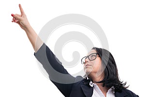 Adult businesswoman pointing index finger at blank copyspace